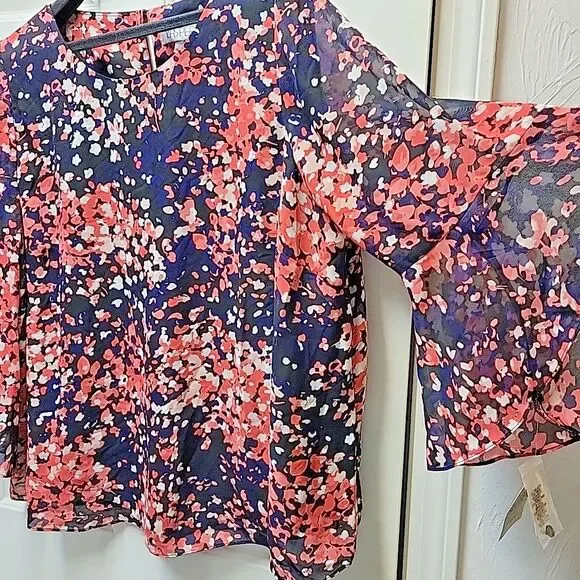 Kasper Plus Size Women's Ruffled Cuff 3/4-Sleeve Top Navy Black Coral 2X NEW - Picture 4 of 10